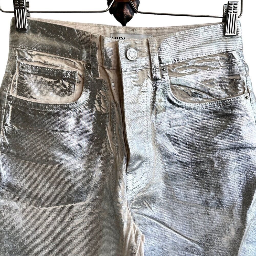 Zara mid rise boyfriend jeans metallic silver jeans size 4 NWOT - Picture 5 of 12